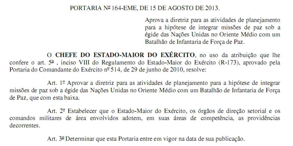 portaria 164 EME - hipotese de missao de paz no Oriente Medio