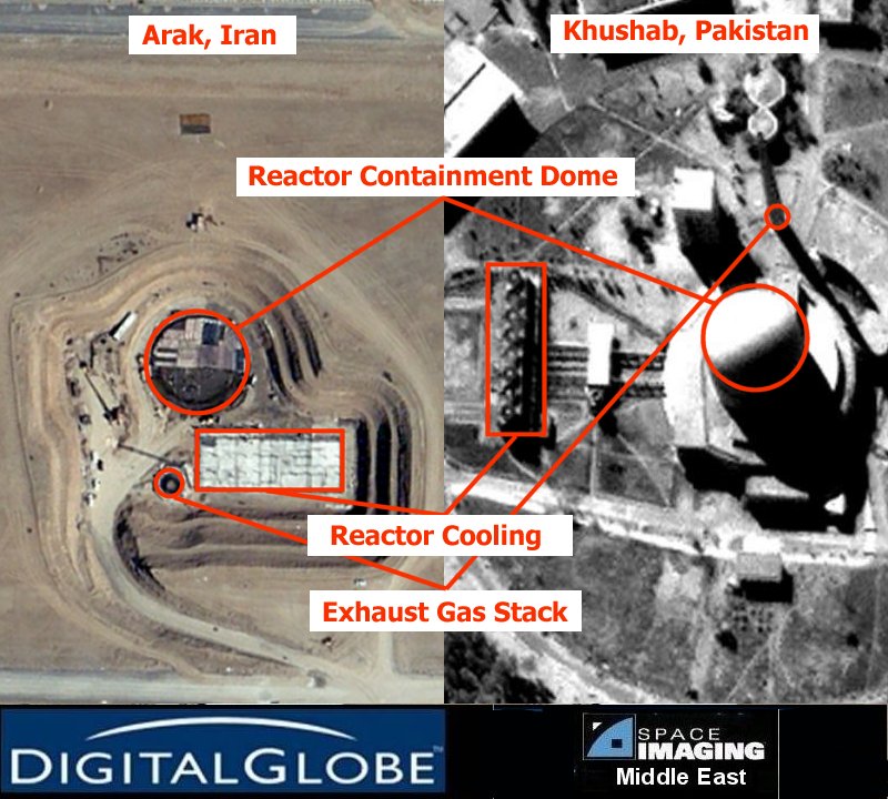 complexos em Arak, no Irã, e Kushab, no Paquistão - imagem Global Security