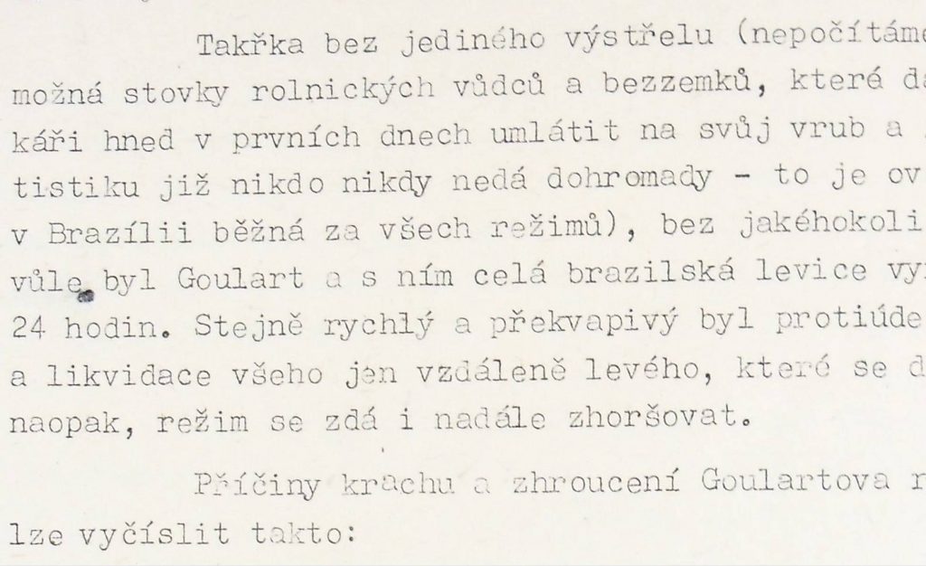 Trecho do relatório do serviço de inteligência tchecoslovaco sobre o golpe de 1964